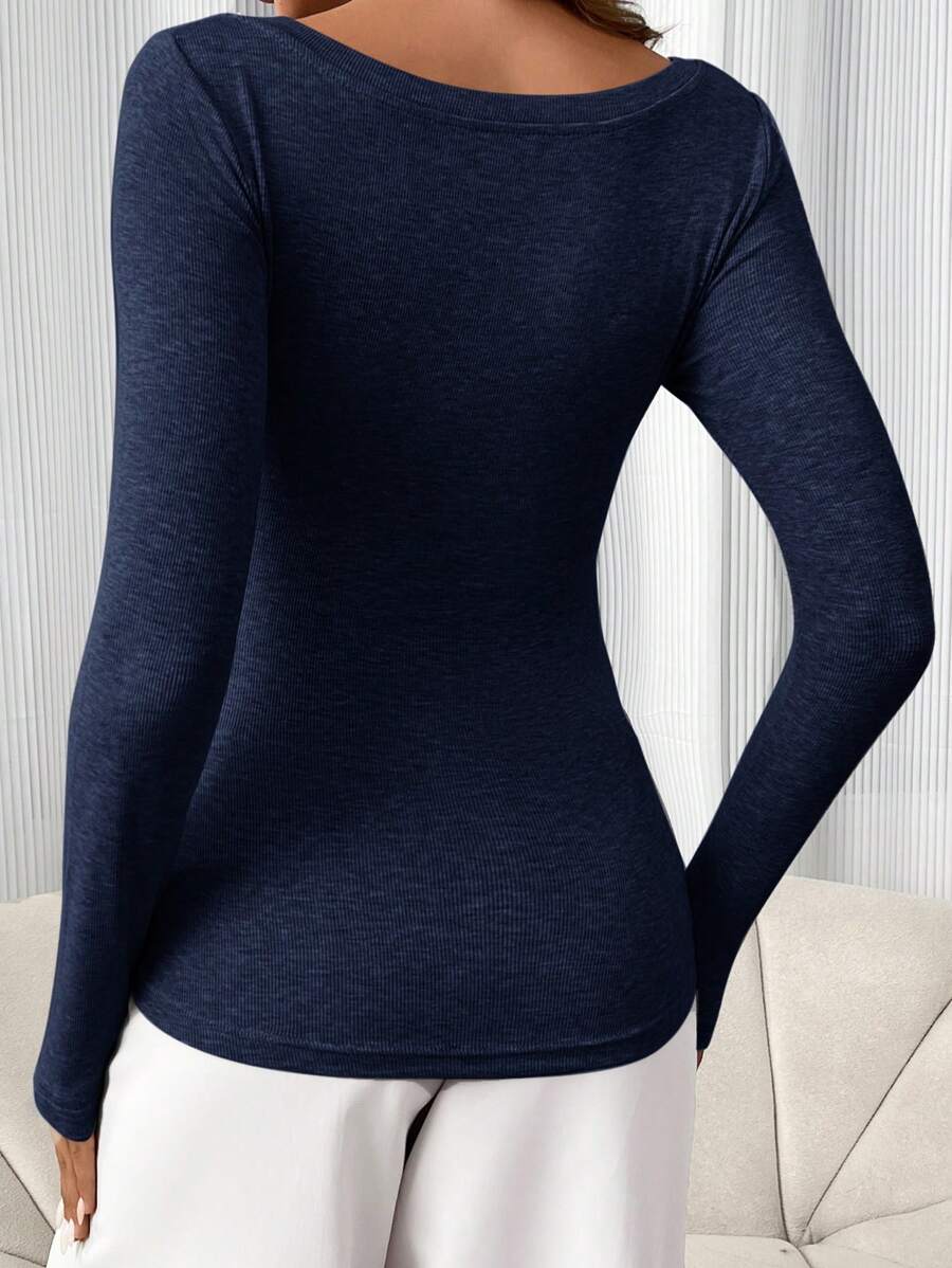 Maternity Grey Long Sleeve Slim Fit Henley T-Shirt with High Stretch Square Neck and Half Button Placket Detail