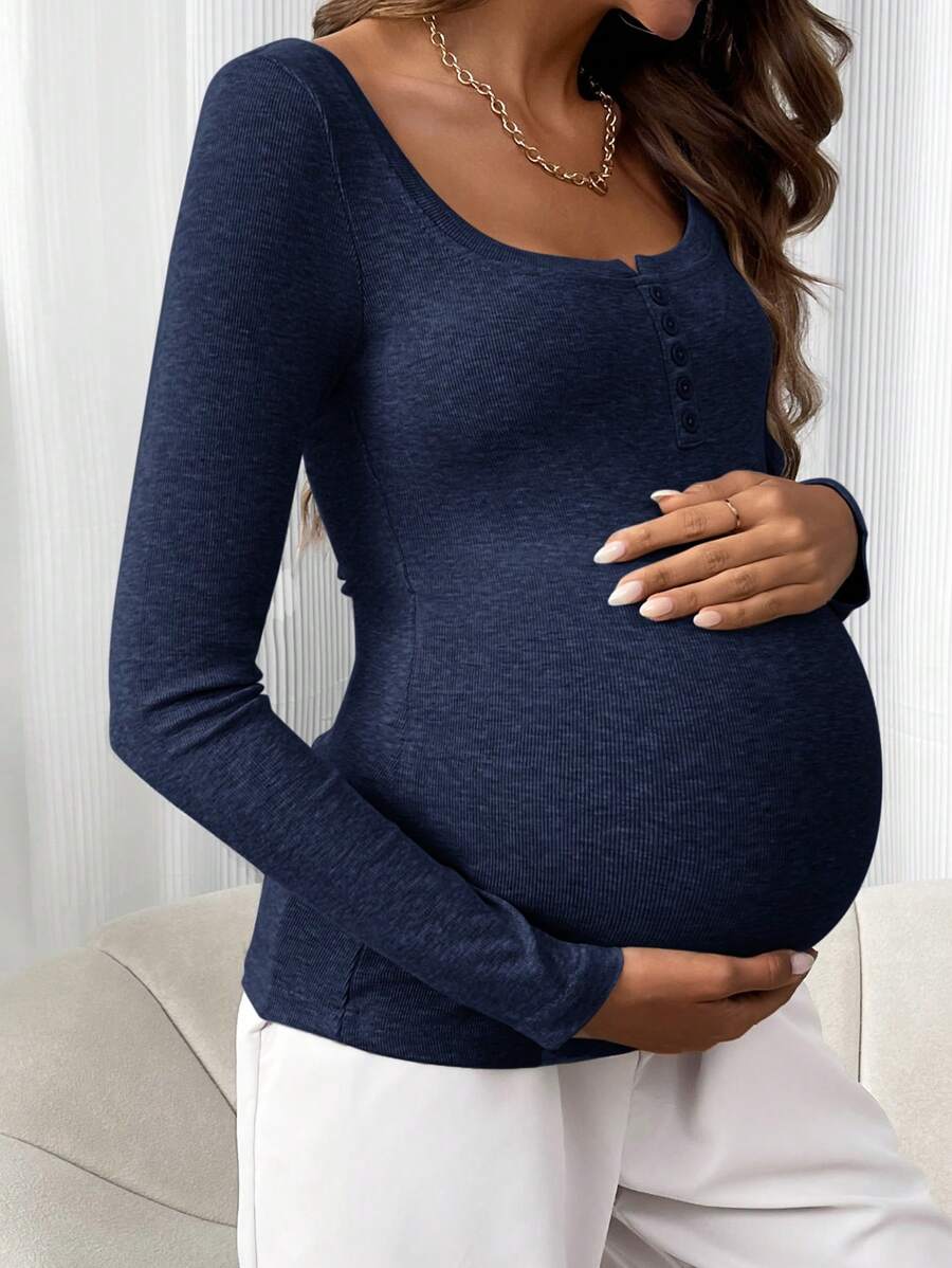 Maternity T-Shirt - Solid Color Button Half Placket Long Sleeve Casual Soft, Everyday Pregnancy