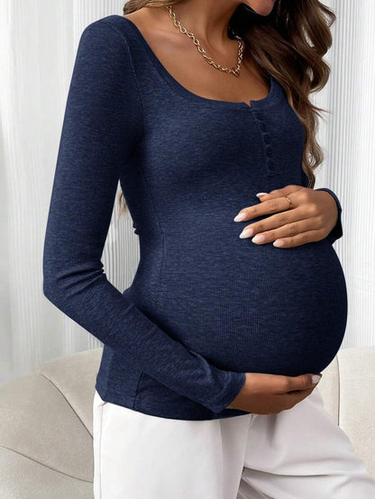 Maternity T-Shirt - Solid Color Button Half Placket Long Sleeve Casual Soft, Everyday Pregnancy