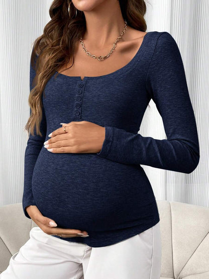 Maternity Grey Long Sleeve Slim Fit Henley T-Shirt with High Stretch Square Neck and Half Button Placket Detail