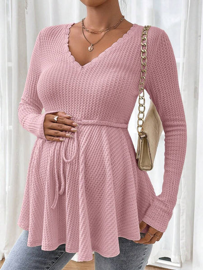 Maternity Khaki Deep V Neck Long Sleeve T-Shirt Loose Fit Belted Flared Hem Knitted Maternity Top for Fall