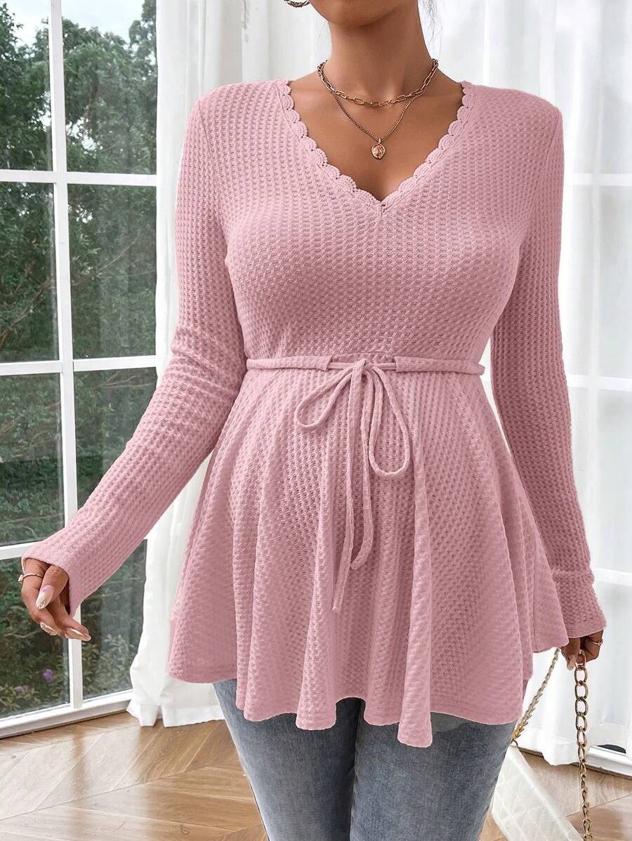 Maternity Khaki Deep V Neck Long Sleeve T-Shirt Loose Fit Belted Flared Hem Knitted Maternity Top for Fall