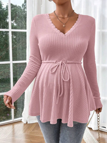 Maternity Khaki Deep V Neck Long Sleeve T-Shirt Loose Fit Belted Flared Hem Knitted Maternity Top for Fall