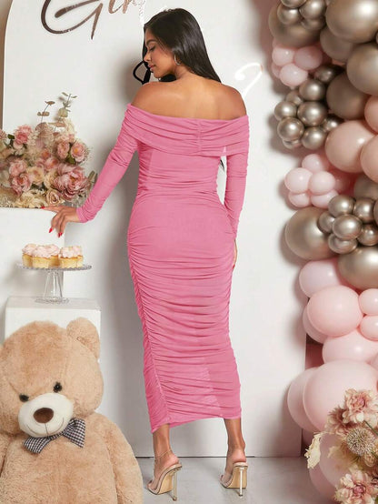 Maternity Solid Ruched Off Shoulder Long Sleeve Bodycon Dress for Baby Shower Green