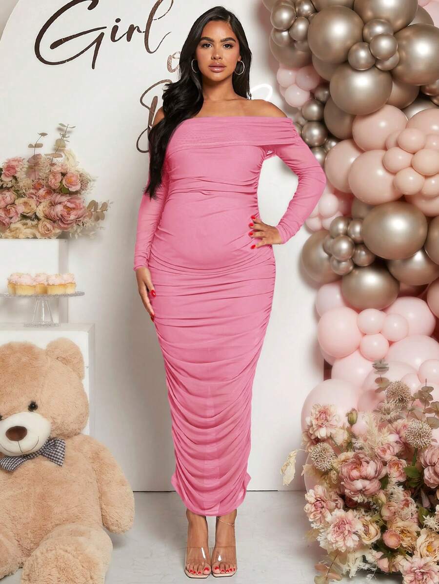 Maternity Solid Ruched Off Shoulder Long Sleeve Bodycon Dress for Baby Shower Green