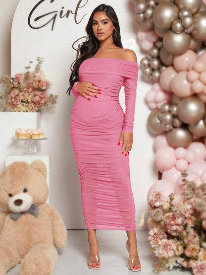 Maternity Solid Ruched Off Shoulder Long Sleeve Bodycon Dress for Baby Shower Green