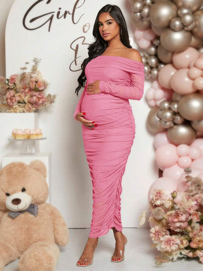 Maternity Solid Ruched Off Shoulder Long Sleeve Bodycon Dress for Baby Shower Green