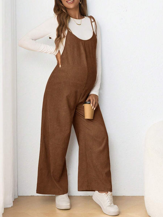 Maternity Casual Spaghetti Strap Bow Knot Long Jumpsuit Mocha Brown Regular Fit Sleeveless Overall for Daily Wear and Easter