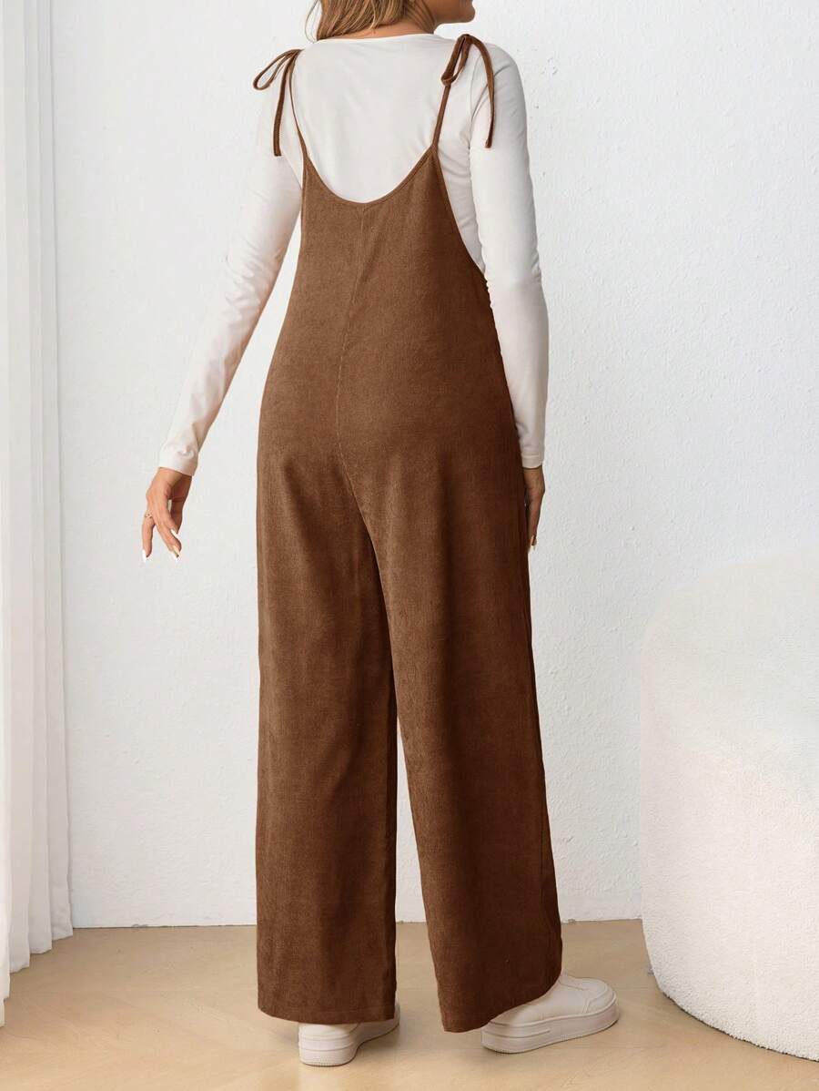 Maternity Casual Spaghetti Strap Bow Knot Long Jumpsuit Mocha Brown Regular Fit Sleeveless Overall for Daily Wear and Easter