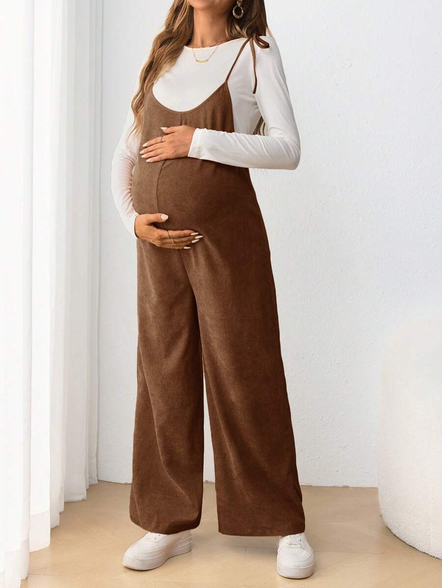 Maternity Casual Spaghetti Strap Bow Knot Long Jumpsuit Mocha Brown Regular Fit Sleeveless Overall for Daily Wear and Easter
