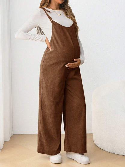 Maternity Casual Spaghetti Strap Bow Knot Long Jumpsuit Mocha Brown Regular Fit Sleeveless Overall for Daily Wear and Easter