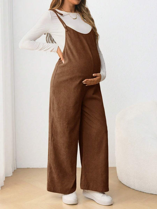 Maternity Casual Spaghetti Strap Bow Knot Long Jumpsuit Mocha Brown Regular Fit Sleeveless Overall for Daily Wear and Easter