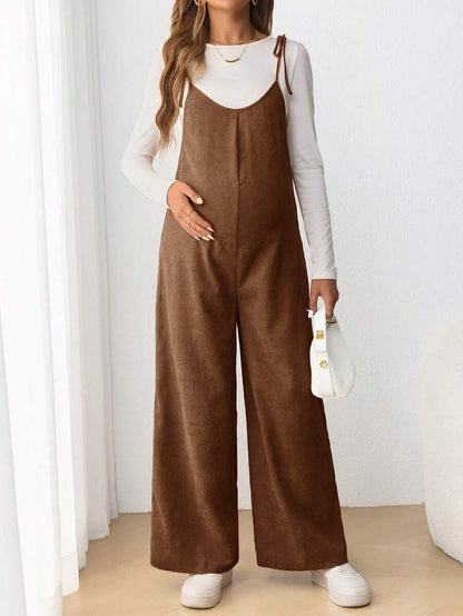 Maternity Casual Spaghetti Strap Bow Knot Long Jumpsuit Mocha Brown Regular Fit Sleeveless Overall for Daily Wear and Easter