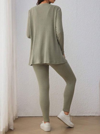 Maternity Solid Color Ribbed Belted Jumpsuit and Cardigan - 2-Piece Long Sleeve Set