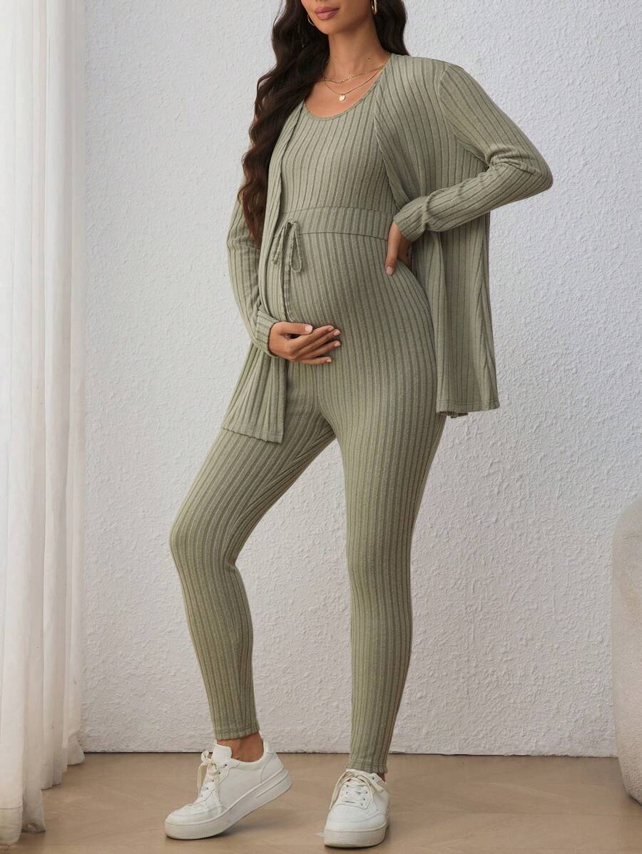 Maternity Solid Color Ribbed Belted Jumpsuit and Cardigan - 2-Piece Long Sleeve Set