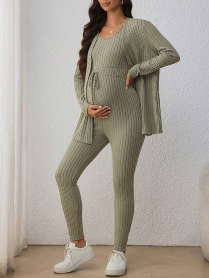 Maternity Solid Color Ribbed Belted Jumpsuit and Cardigan - 2-Piece Long Sleeve Set