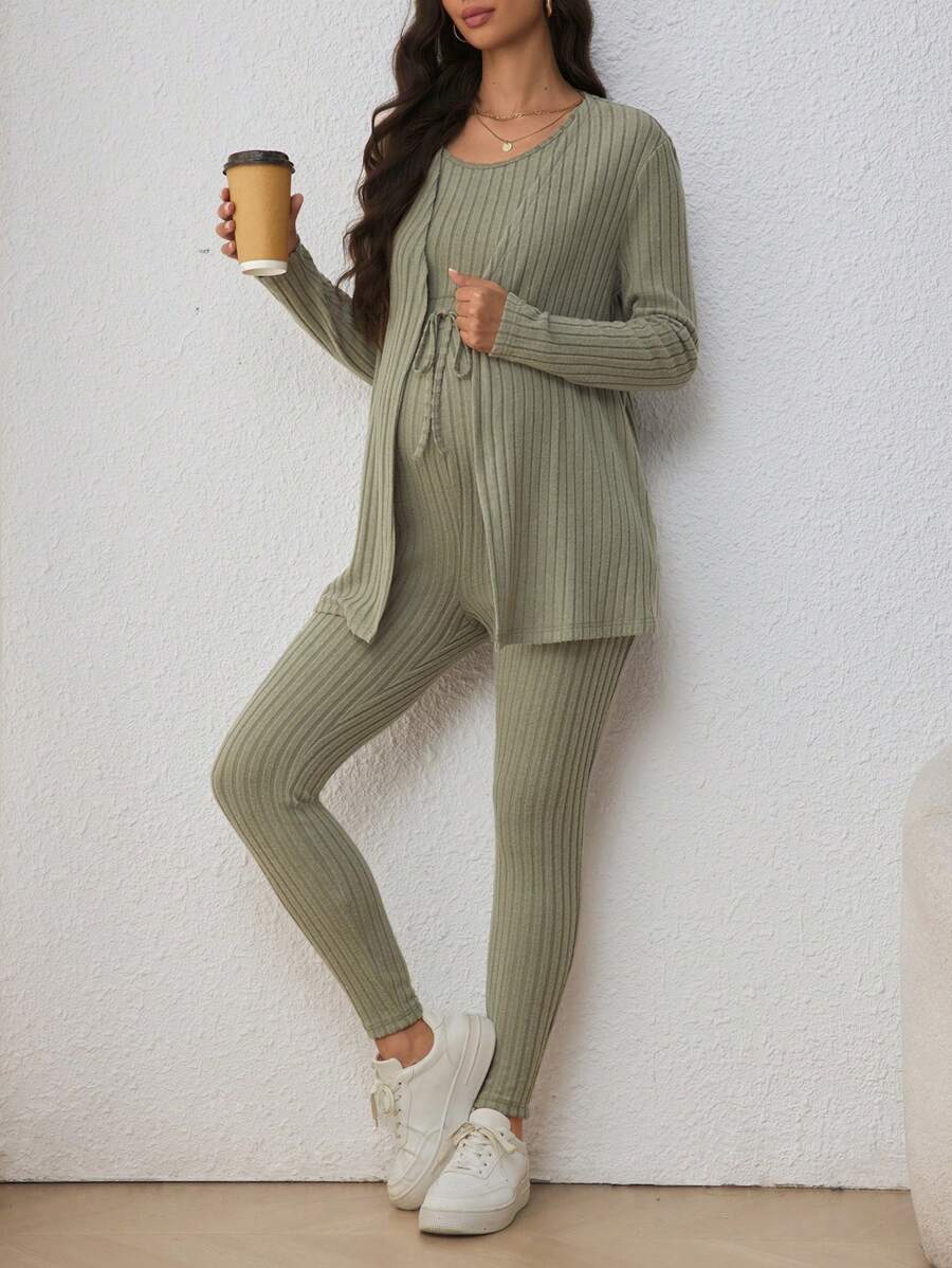 Maternity Solid Color Ribbed Belted Jumpsuit and Cardigan - 2-Piece Long Sleeve Set