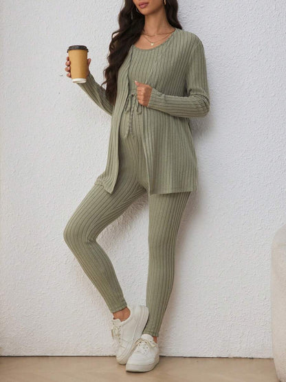 Maternity Solid Color Ribbed Belted Jumpsuit and Cardigan - 2-Piece Long Sleeve Set