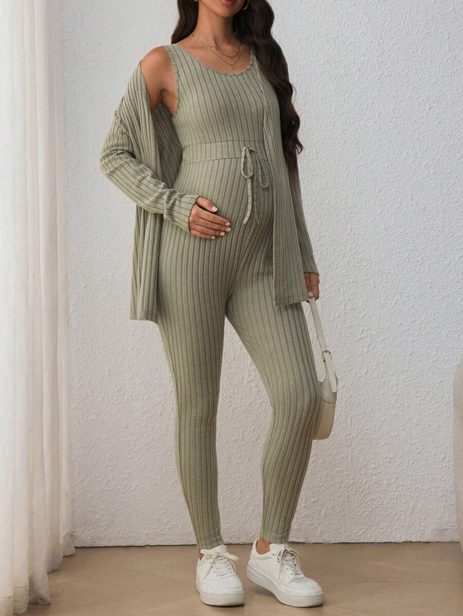 Maternity Solid Color Ribbed Belted Jumpsuit and Cardigan - 2-Piece Long Sleeve Set