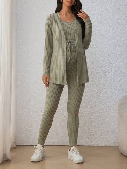 Maternity Solid Color Ribbed Belted Jumpsuit and Cardigan - 2-Piece Long Sleeve Set