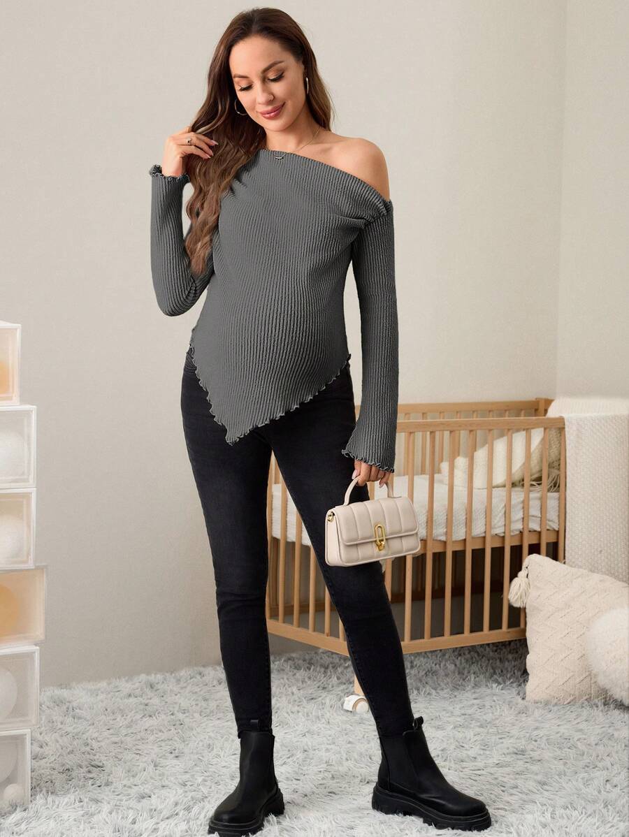 Asymmetrical Neckline Lettuce Hem Ruffle Maternity Long Sleeve T-Shirt - Autumn Winter