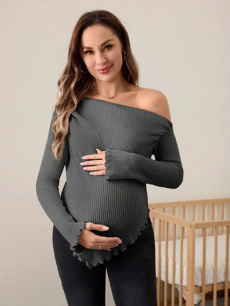 Asymmetrical Neckline Lettuce Hem Ruffle Maternity Long Sleeve T-Shirt - Autumn Winter