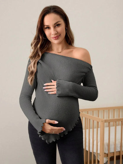 Asymmetrical Neckline Lettuce Hem Ruffle Maternity Long Sleeve T-Shirt - Autumn Winter