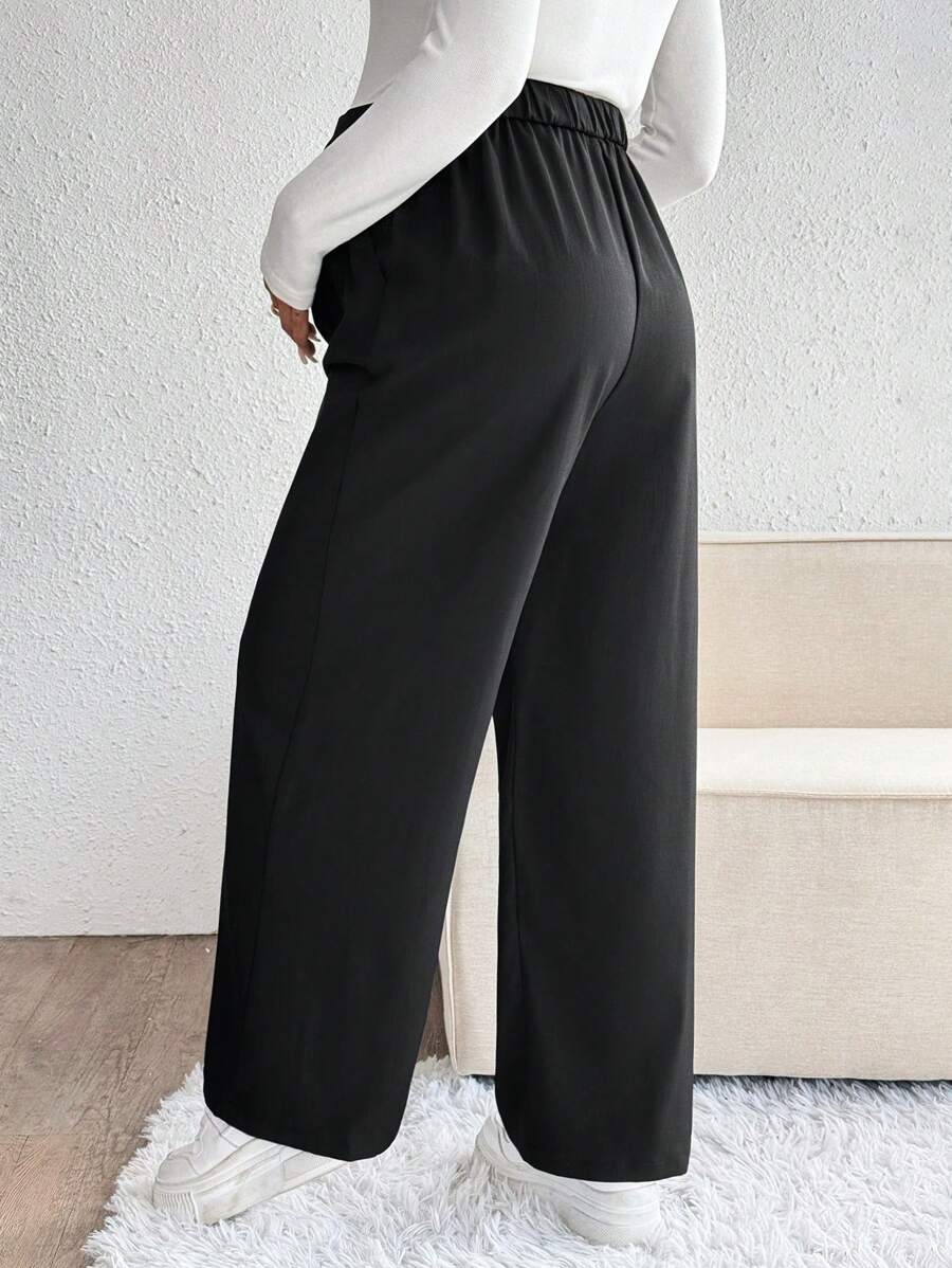 Maternity Palazzo Pants - Button Detail, Pocket, Tailored Loose Fit, Navy Blue