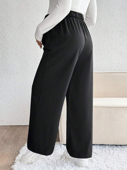 Maternity Palazzo Pants - Button Detail, Pocket, Tailored Loose Fit, Navy Blue