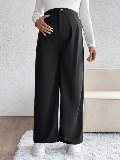 Maternity Palazzo Pants - Button Detail, Pocket, Tailored Loose Fit, Navy Blue