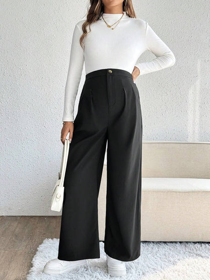 Maternity Palazzo Pants - Button Detail, Pocket, Tailored Loose Fit, Navy Blue