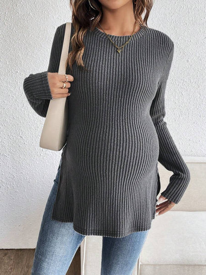 White Ribbed Side Split Long Sleeve Maternity T-Shirt - Slim Fit Crew Neck Knitted Casual Pregnancy Top with Slit Hem