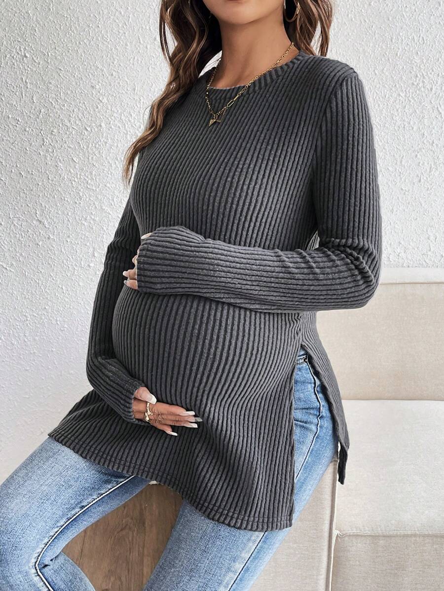 White Ribbed Side Split Long Sleeve Maternity T-Shirt - Slim Fit Crew Neck Knitted Casual Pregnancy Top with Slit Hem