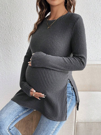 White Ribbed Side Split Long Sleeve Maternity T-Shirt - Slim Fit Crew Neck Knitted Casual Pregnancy Top with Slit Hem