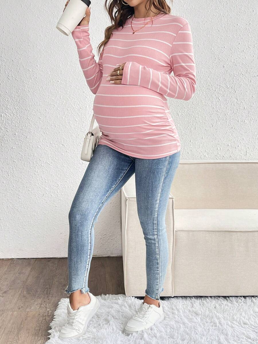 Pink Striped Maternity Long Sleeve T-Shirt - Slim Fit Ribbed Round Neck Casual Colorblock Top for Pregnancy and Travel