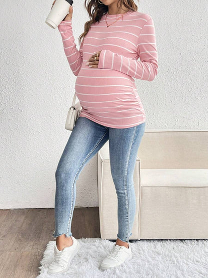 Pink Striped Maternity Long Sleeve T-Shirt - Slim Fit Ribbed Round Neck Casual Colorblock Top for Pregnancy and Travel