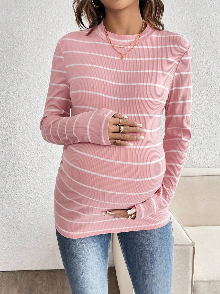 Pink Striped Maternity Long Sleeve T-Shirt - Slim Fit Ribbed Round Neck Casual Colorblock Top for Pregnancy and Travel