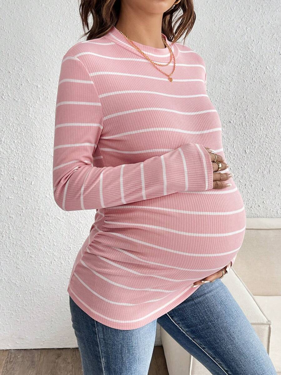 Pink Striped Maternity Long Sleeve T-Shirt - Slim Fit Ribbed Round Neck Casual Colorblock Top for Pregnancy and Travel