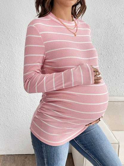 Pink Striped Maternity Long Sleeve T-Shirt - Slim Fit Ribbed Round Neck Casual Colorblock Top for Pregnancy and Travel