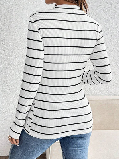 Pink Striped Maternity Long Sleeve T-Shirt - Slim Fit Ribbed Round Neck Casual Colorblock Top for Pregnancy and Travel
