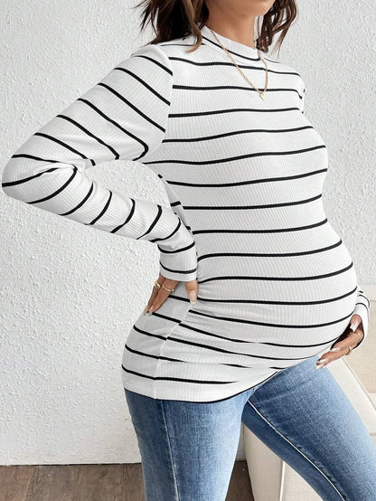 Pink Striped Maternity Long Sleeve T-Shirt - Slim Fit Ribbed Round Neck Casual Colorblock Top for Pregnancy and Travel