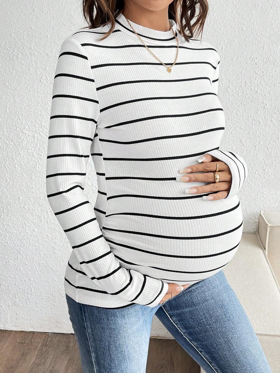 Pink Striped Maternity Long Sleeve T-Shirt - Slim Fit Ribbed Round Neck Casual Colorblock Top for Pregnancy and Travel