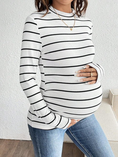 Pink Striped Maternity Long Sleeve T-Shirt - Slim Fit Ribbed Round Neck Casual Colorblock Top for Pregnancy and Travel