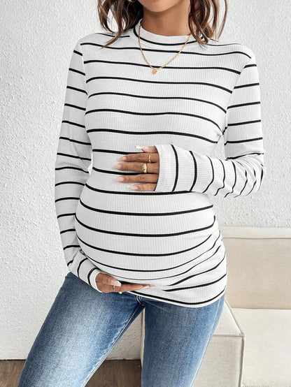 Pink Striped Maternity Long Sleeve T-Shirt - Slim Fit Ribbed Round Neck Casual Colorblock Top for Pregnancy and Travel