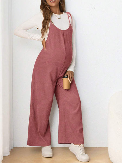Maternity Casual Spaghetti Strap Bow Knot Long Jumpsuit Mocha Brown Regular Fit Sleeveless Overall for Daily Wear and Easter