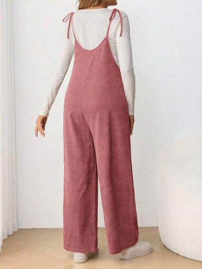 Maternity Casual Spaghetti Strap Bow Knot Long Jumpsuit Mocha Brown Regular Fit Sleeveless Overall for Daily Wear and Easter