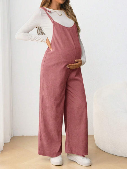 Maternity Casual Spaghetti Strap Bow Knot Long Jumpsuit Mocha Brown Regular Fit Sleeveless Overall for Daily Wear and Easter
