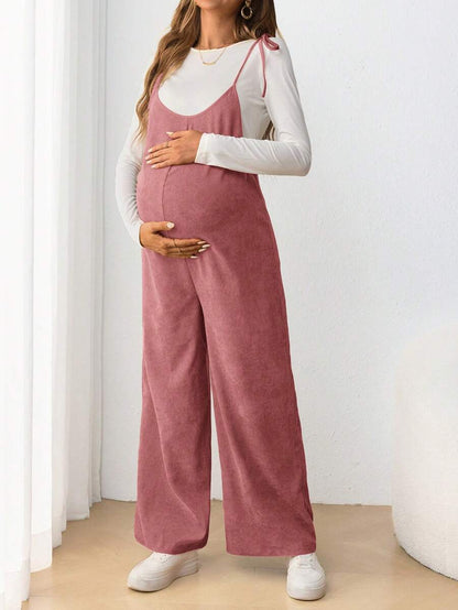 Maternity Casual Spaghetti Strap Bow Knot Long Jumpsuit Mocha Brown Regular Fit Sleeveless Overall for Daily Wear and Easter