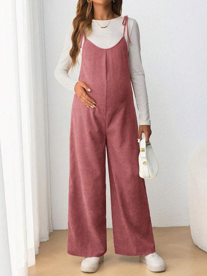 Maternity Casual Spaghetti Strap Bow Knot Long Jumpsuit Mocha Brown Regular Fit Sleeveless Overall for Daily Wear and Easter