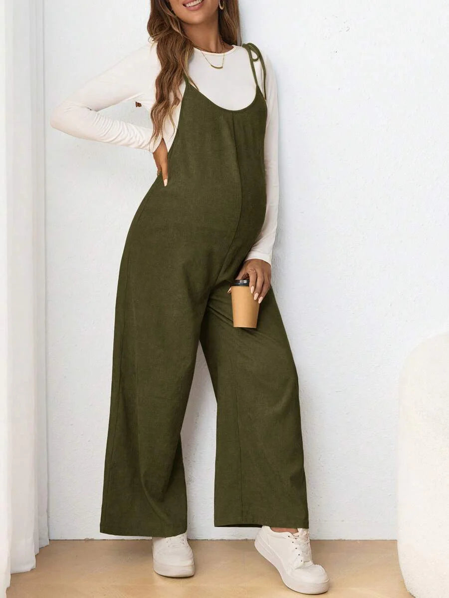 Maternity Casual Spaghetti Strap Bow Knot Long Jumpsuit Mocha Brown Regular Fit Sleeveless Overall for Daily Wear and Easter